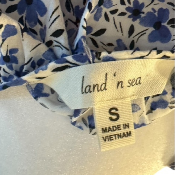 Land N Sea Blue White Floral Tassel Blouse Cotton Boho Peasant Top Small - Picture 5 of 6